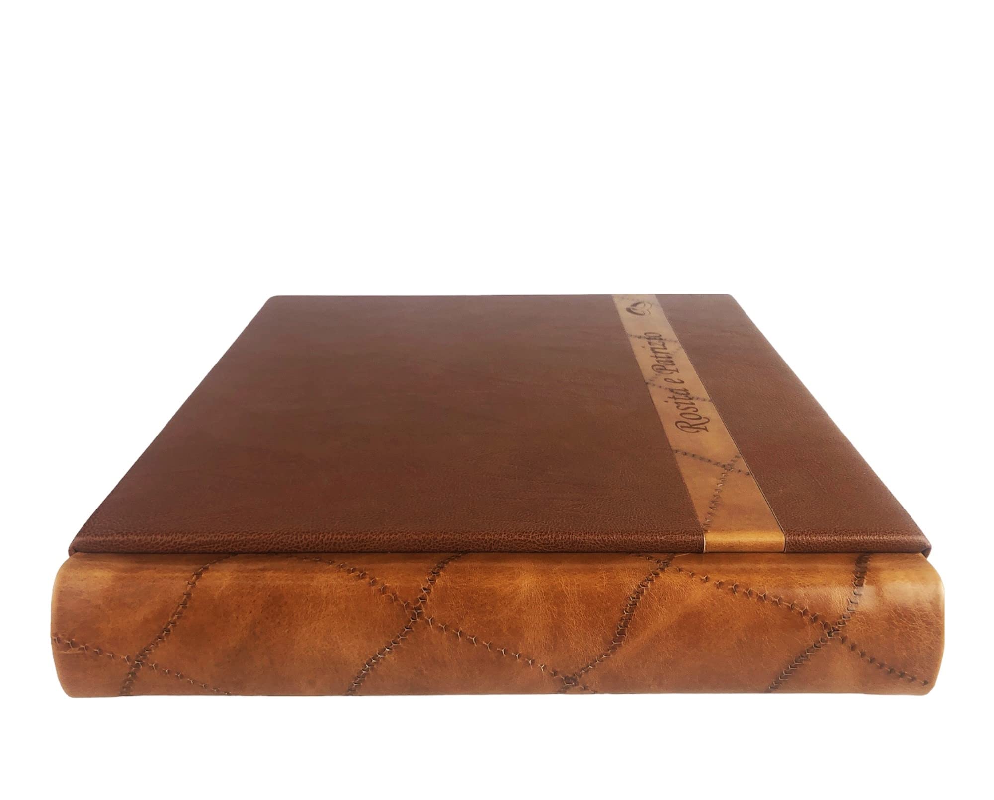 Álbum de fotos artesanal - Marte - de piel sintética, con inserción de cuero auténtico, personalizable con grabado. Ideal para cualquier evento (marrón claro/cuero rubio)