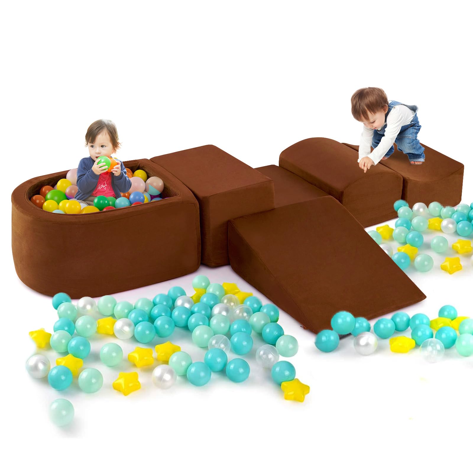 COSTWAY Juego de Escalada y Rampa de 5 Piezas, Bloque de Escalada con Piscina de Pelota Infantil, Funda Lavable a Máquina con Cremallera, Bloques de Construcción Creativos,Sin Pelotas de Mar (Beige) — view 15