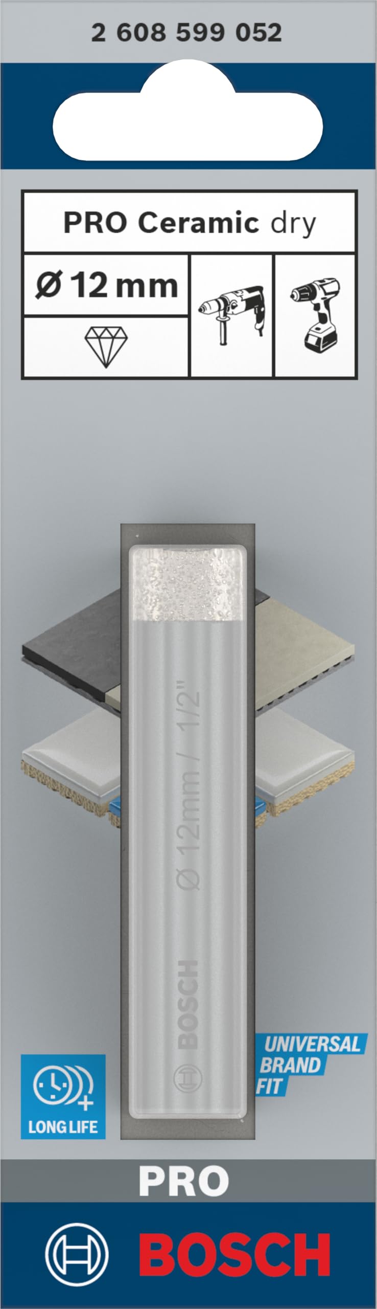 Bosch Professional 1x Broca de diamante Expert for Ceramic (para Azulejos duros, Piedra dura, Piedra blanda, Ø 12 mm, Accesorios Taladro)