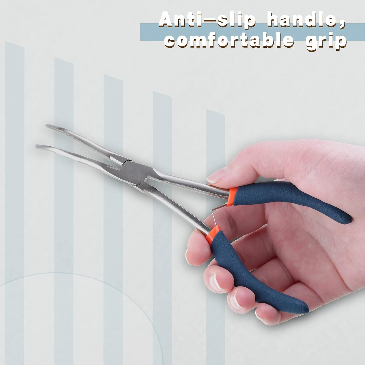 Long Reach Bent Needle Nose Pliers, 7 Inches, Serrated Jaws, PVC Handles, High Carbon Steel, Blue, Jewelry Making, Beading, Handicraft