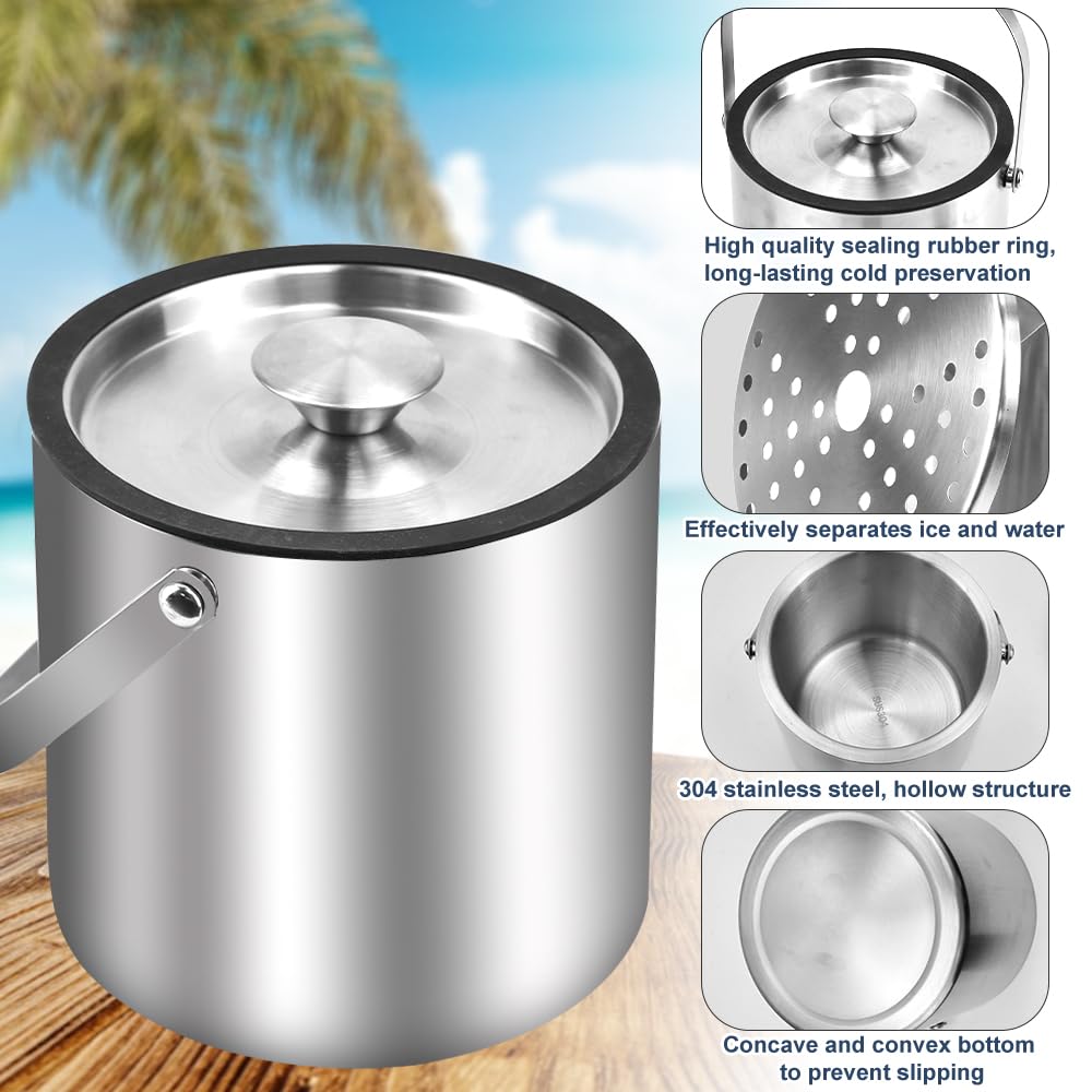 Secchiello Ghiaccio Acciaio Inox 3L - Con Coperchio, Filtro, Pinza E Pala - Per Feste E Outdoor - Foto 8