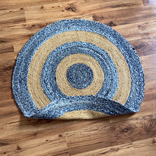 Image of Jute Braided Natural Hand Woven & Reversible Rug for Living Room Kitchen Entryway, Farmhouse Rustic Burlap Rag (Denimbox, 90cm)
