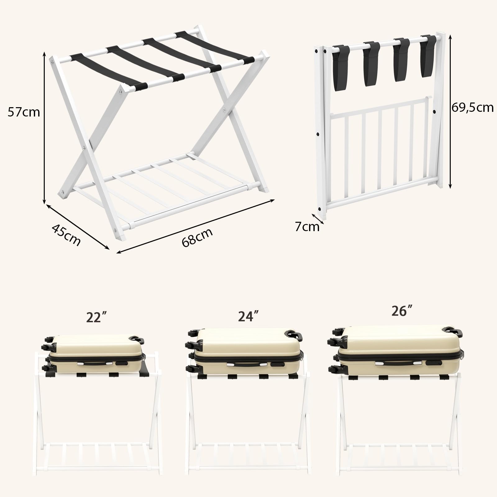 GIANTEX Kofferständer Klappbar, 2-Stöckige Kofferablage Metall, Gepäckablage Gepäckständer Hotel Gästezimmer, Kofferbock Klappbar Platzsparend, Weiß + Schwarz, 68x 45 x 57 cm