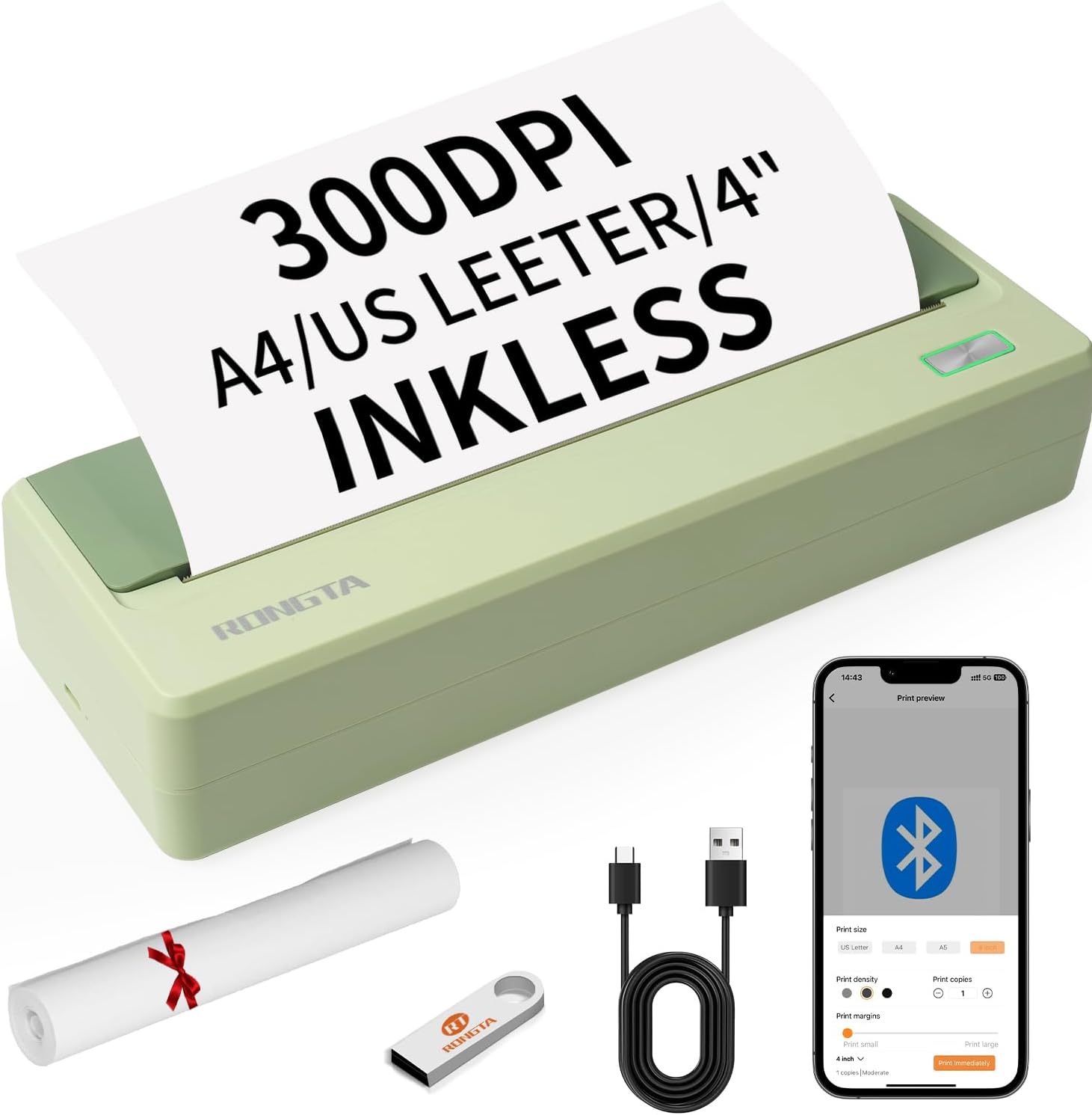 Rongta Moveable Printer for Dwelling Use, Small Thermal Printer Help 8.5” x 11” & A4 Thermal Paper, Moveable Bluetooth Appropriate with Android/iOS & Laptop computer for Dwelling Use (Avocado Inexperienced)