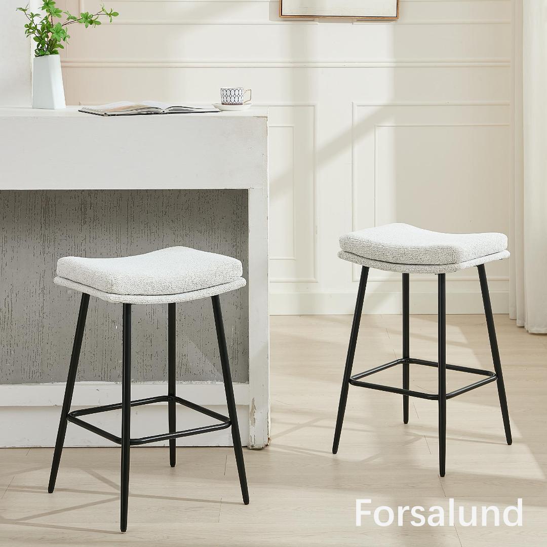 Butacos sin respaldo de 26", juego de 3 unidades, asiento tipo silla de montar, cojín de doble capa, tapizado suave en bouclé, patas metálicas, capacidad de 350 lb, para isla de cocina miniatura 6