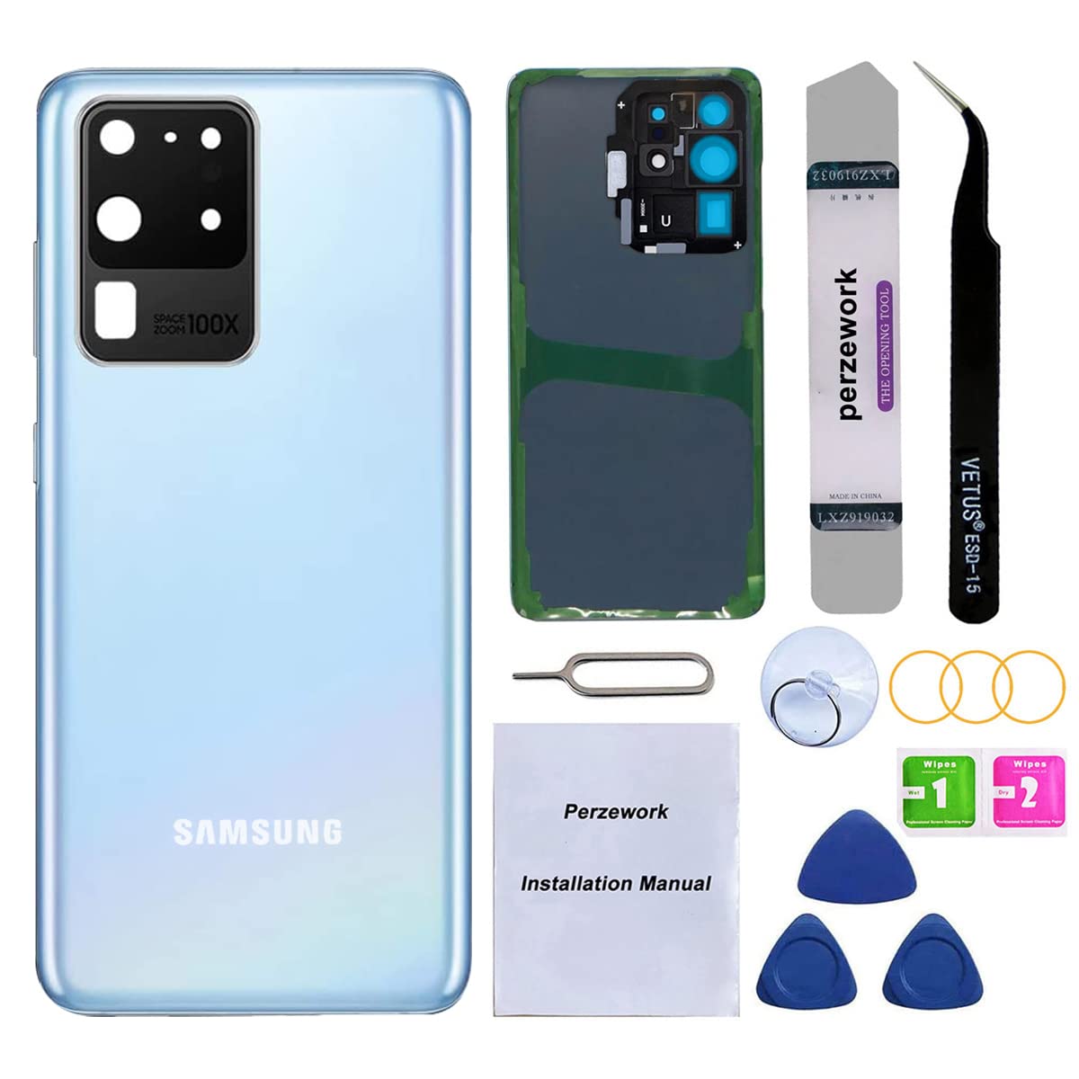 Perzework Rear Back Glass Replacement for Samsung Galaxy S20 Ultra 6.9 inches 5G with Reparing Toolkit and Pre-Installed Adhesive (Cosmic Blue)
