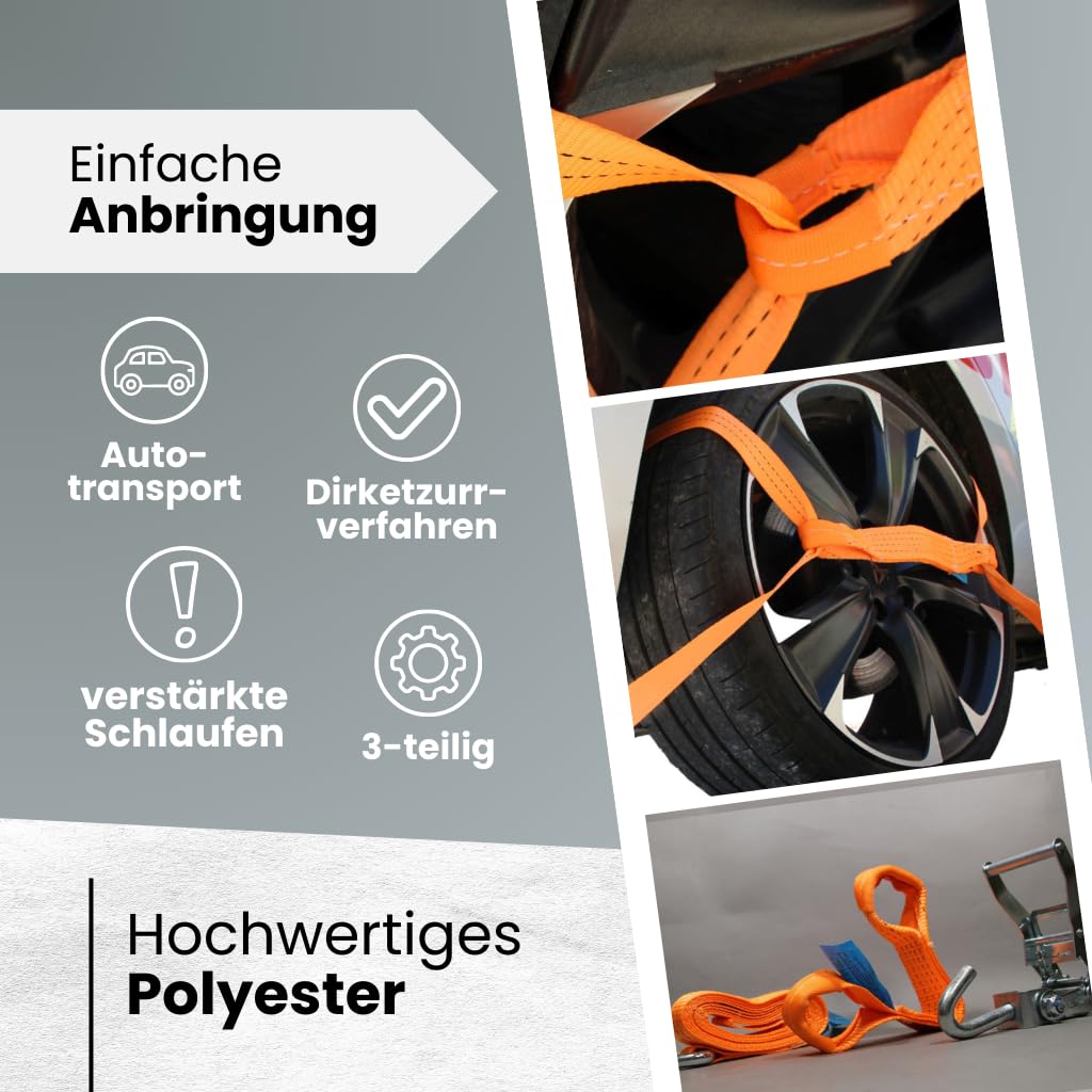 Zurrgurt-Set zum Fahrzeugtransport, 4 Stück, 35 mm x 2,90 m, 3-teilig