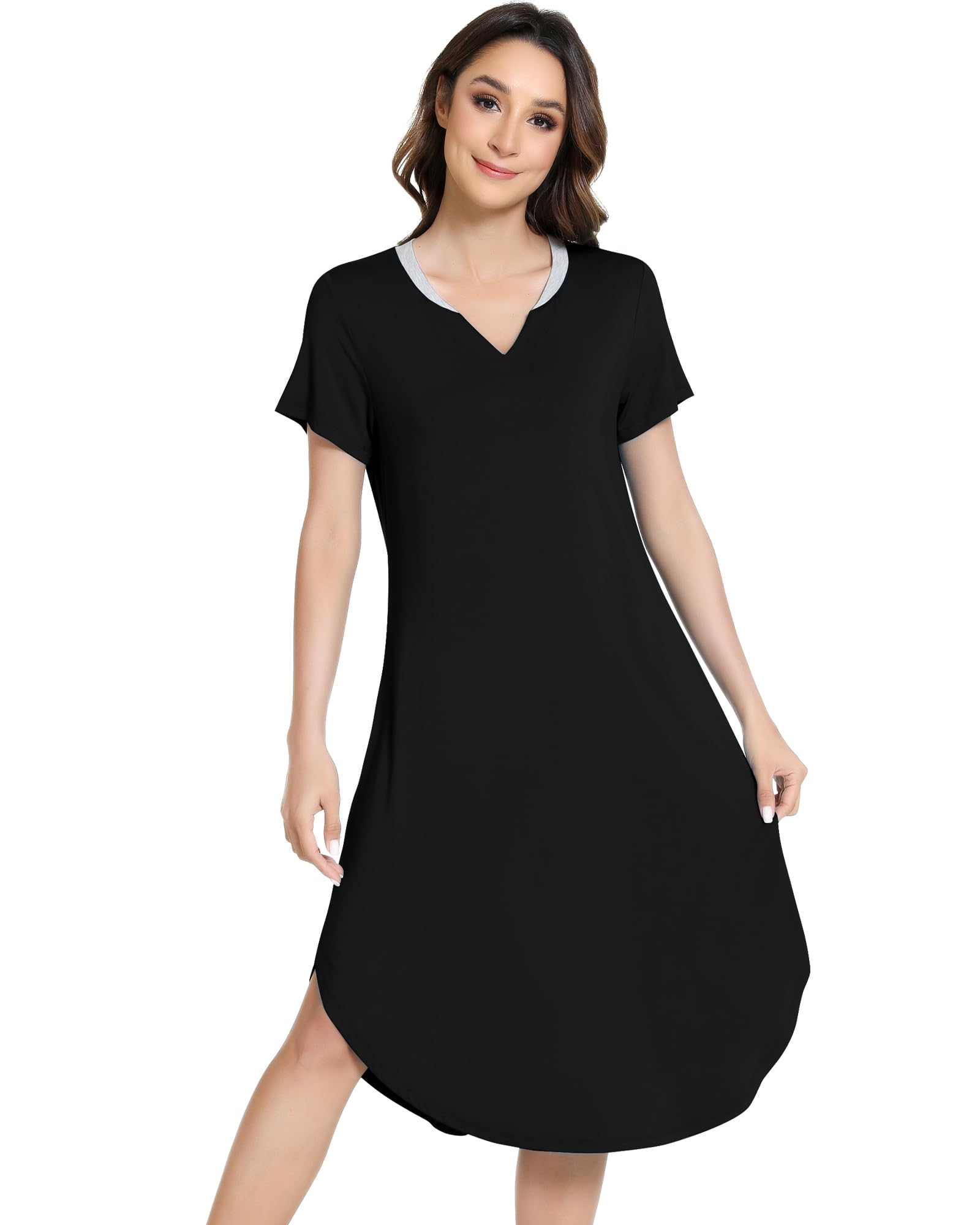 NACHILA Nightgowns for Women-Viscose Made from Bamboo,Short Sleeve Nightshirts V Neck Sleep Shirt Loose Sleep Dress
