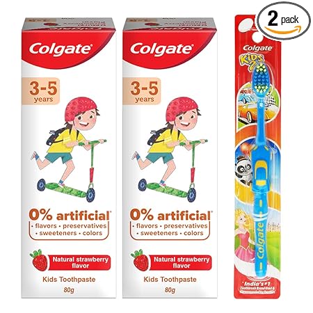 Colgate Toothpaste for Kids (3-5 years), Natural Strawberry Flavour, 0% Artificial- 80g (Pack of 2) with Kid's Extra Soft Toothbrush (2+ yrs) - 3 Pcs