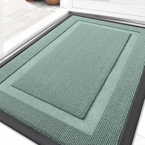 Image of OLANLY Front Door Mat Indoor Outdoor Entrance, Waterproof All-Season, All-Weather Doormat, Sturdy Natural Rubber, Low Profile, Easy Clean Patio Porch Entryway Mat, 33x21, Grayish Green