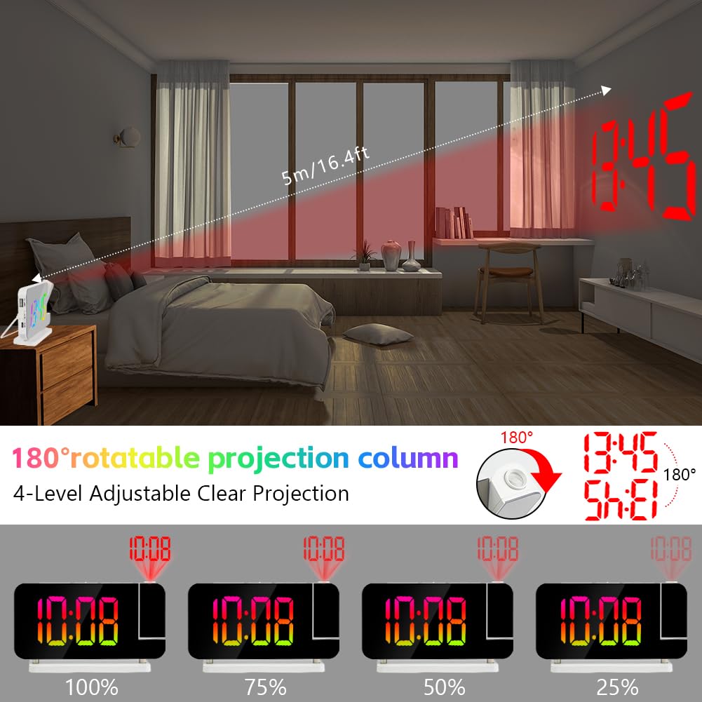 Sveglia con Proiezione, Sveglia con Schermo LED di Proiezione, Porta USB-C, Volume Allarme Luminosità Regolabile, per Camera da Letto, Soffitto, Parete, Casa, Bambini, Anziani