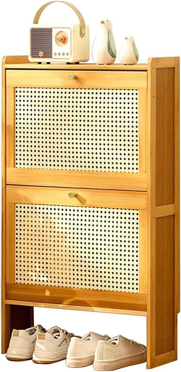 Bamboo Shoe Storage Cabinet With Flip Doors - Freestanding Organizer For Entryway, Bedroom, Hallway - Slim Hidden Shoe Rack - Pull Down Shoe Cupboard