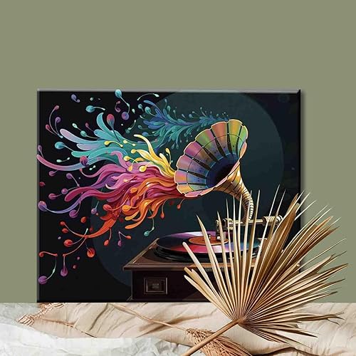 Miniatura 2 de Aihonmin Pintura por números, disco de música de cuerno, kit de pintura al óleo de lienzo colorido para niños y adultos, 16 x 20 pulgadas, pintura