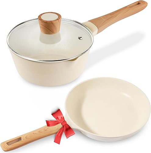 Pots and Pans Set Nonstick - YIIFEEO 3 Piece Granite Kitchen Cookware Sets 8" Non stick Frying Pan and 1.5 Qt Sauce Pan with Lid, Induction