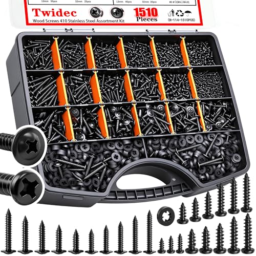 Twidec/1510PCS Wood Screws 410 Stainless Steel Assortment Kit,M2 M3 M4#8#10 Pan Head Wood Screws,Truss Head＆Pan Head Black Self Tapping Screws Set Length(6mm-32mm) for Indoor Furniture,Woodworking