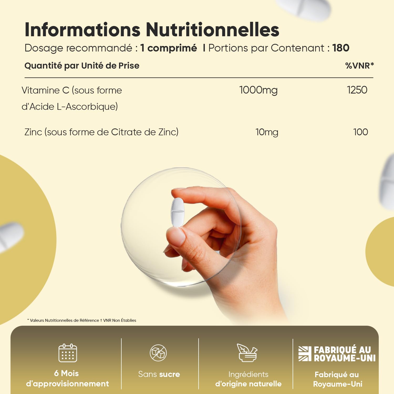 Vitamine C 1000mg avec Citrate de Zinc, 180 Comprimés Vegan Sécables pour 6 Mois d'Approvisionnement, Vit C Acide Ascorbique avec Zinc, Vitamines Adultes sans Stéarate de Magnésium