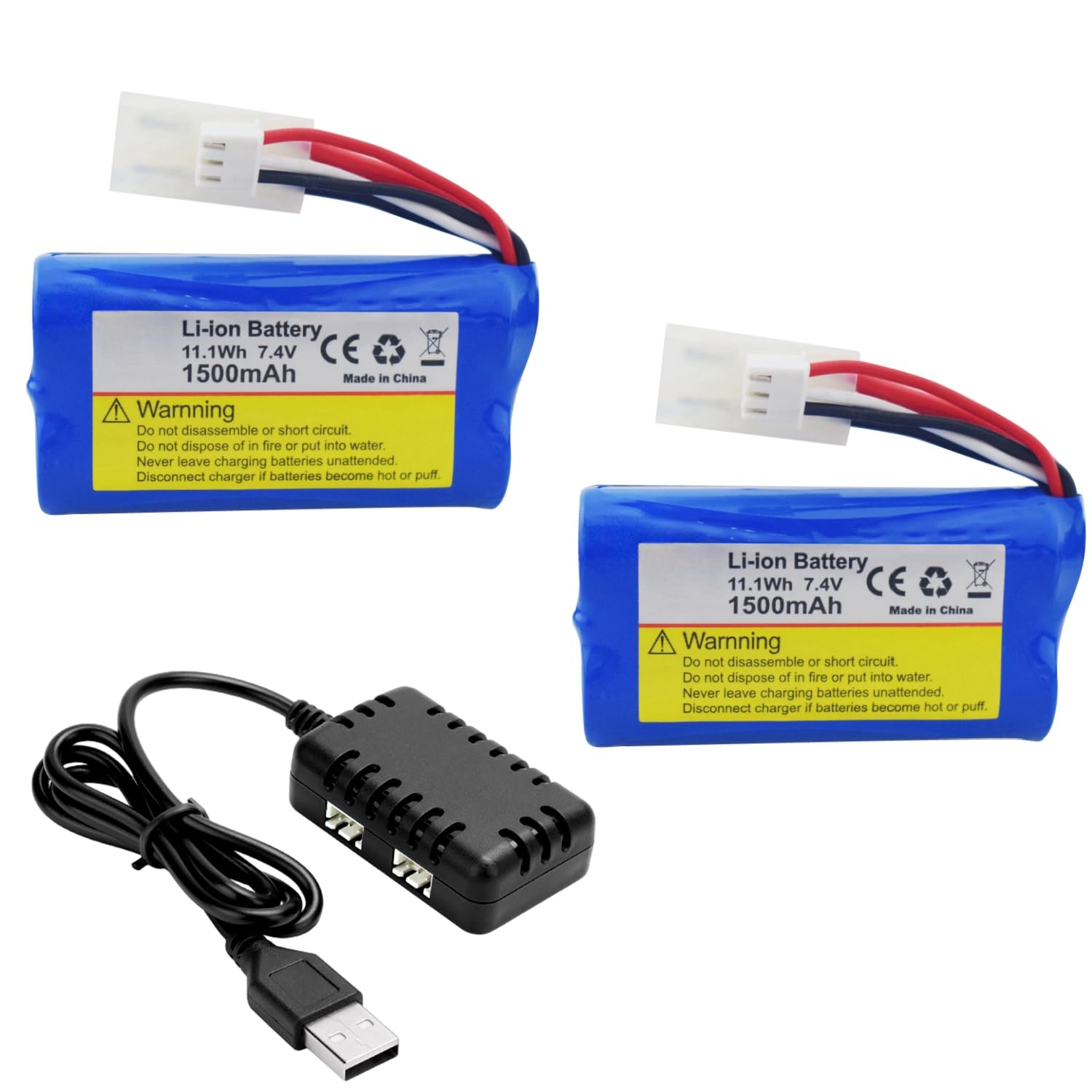 Fytoo 2PCS 2S 7.4V 1500mAh Li-ion Battery with 2-in-1 Charger for HJ806 TX125 Remote Control Boat Battery RC Toy Model Boat Speedboat Battery KET-2P Plugs