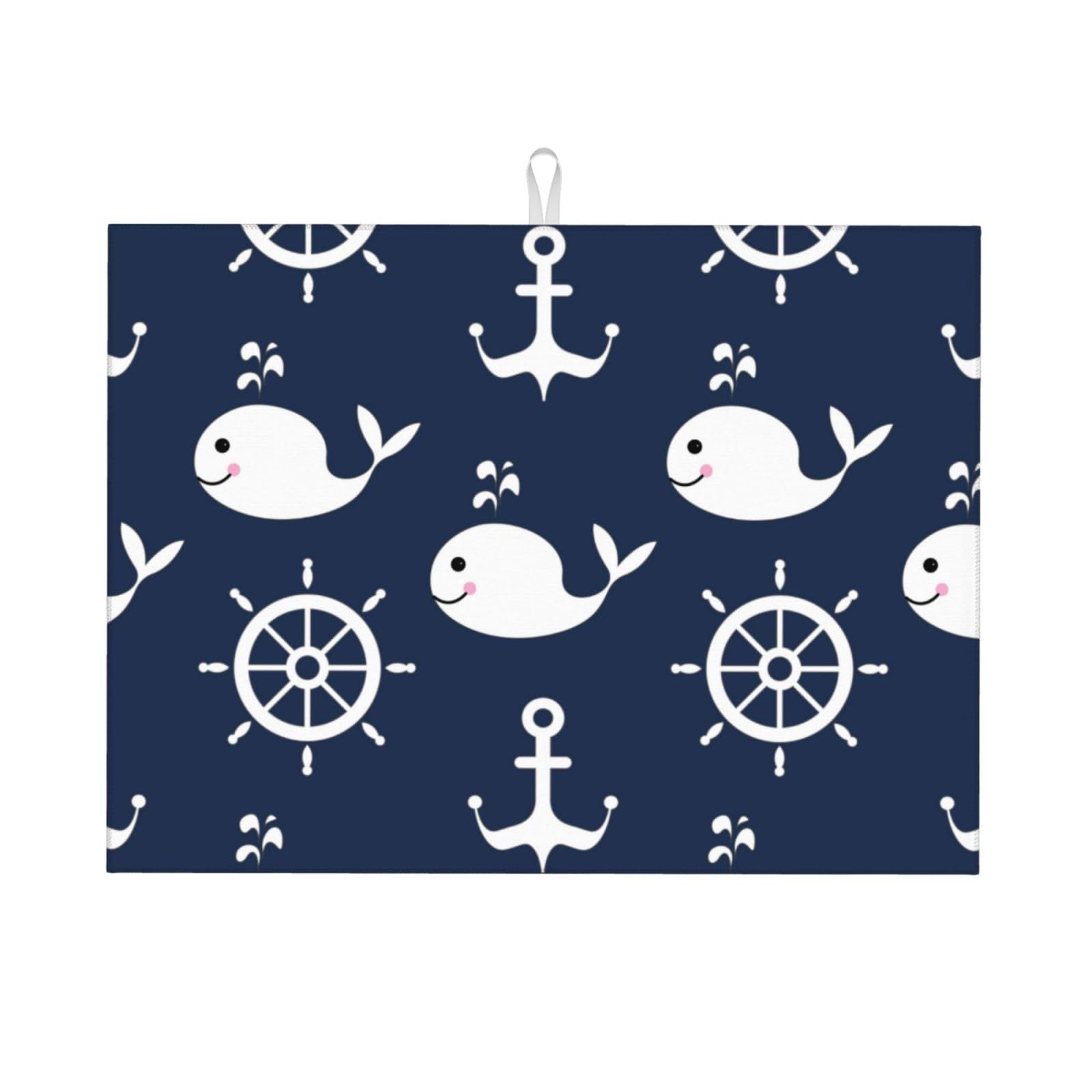 Gearsly Dish Drying Mats for Kitchen Counter,Maritime Whales Nautical Anchor Wheel Absorbent Dish Draining Mat 18 x 24 inch,Microfibre Anti-Slip Quick Dry Sink Drainer Mat for Countertop