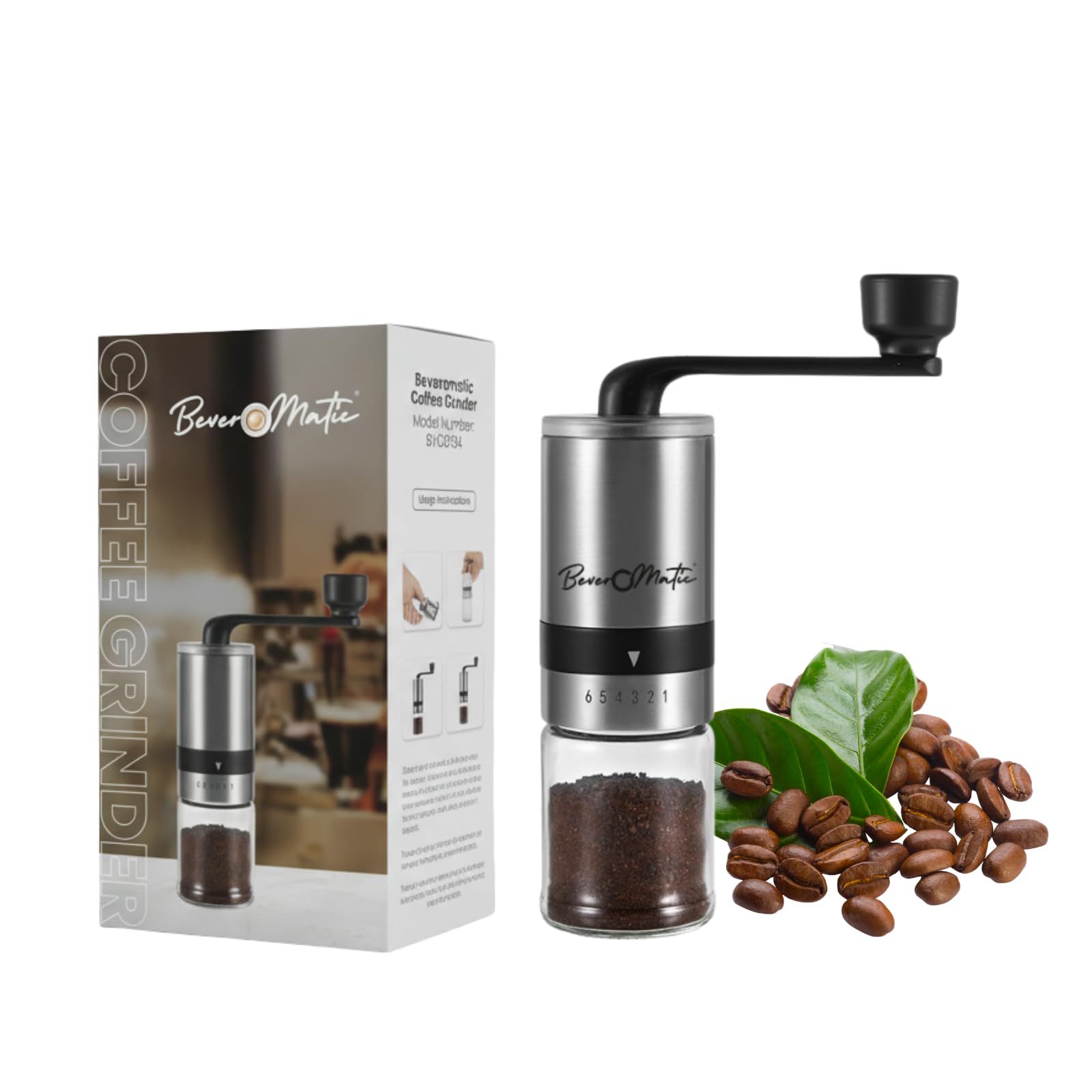 Beveromatic Manual Coffee Grinder, Ceramic Burr with Borosilicate Glass Jar, 6 Adjustable Grind Settings, Stainless Steel Body, ABS Knob, Ideal for Drip Coffee, Espresso, Cappuccino, French Press etc