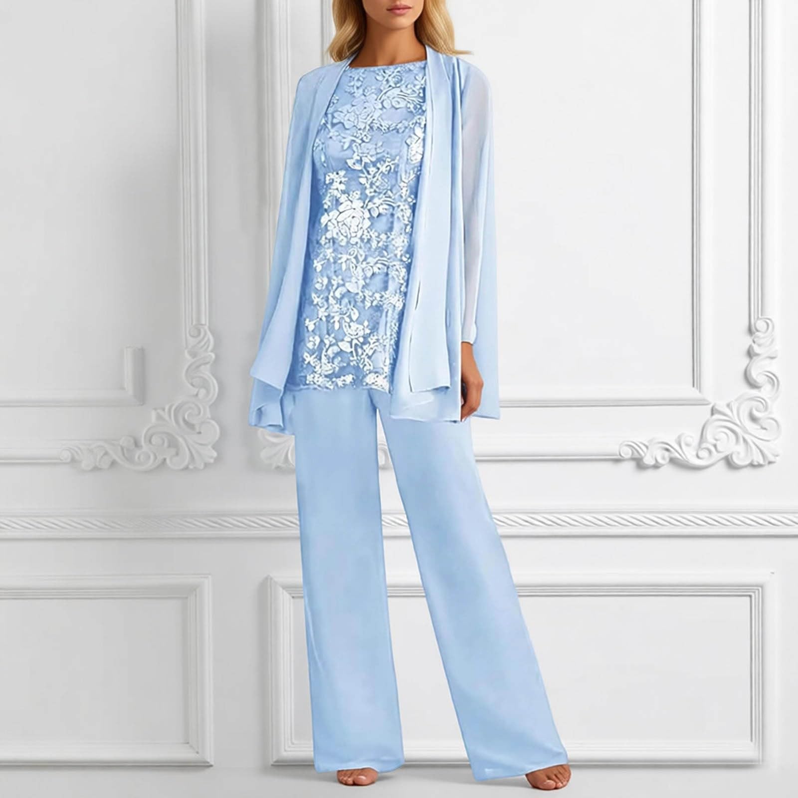 Generisch Ensemble 3 pièces pour femme - Tenue festive et décontractée - Élégant - En dentelle - Cardigan à manches longues et pantalon - En mousseline de soie - Pour mariage, cocktail, soirée