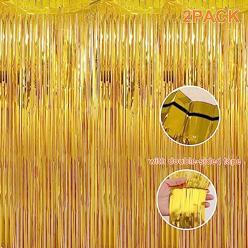 Image of 2 Pack 3.28 ft x 6.56 ft Golden Tinsel Curtain Party Backdrop Decorations, Metallic Foil Fringe Backdrop Door for Halloween, Christmas, Birthday Graduat