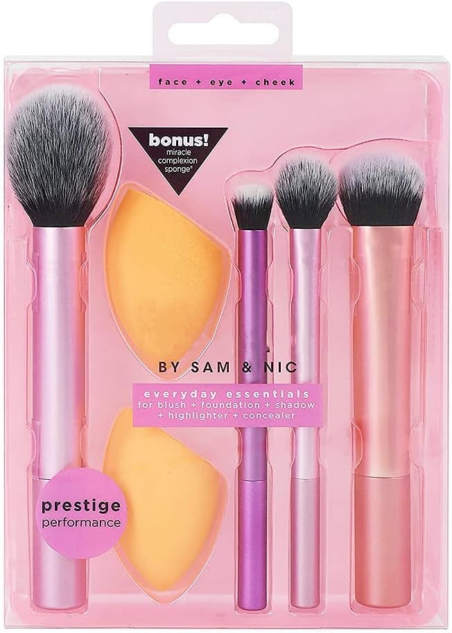 X 6PCS Real Techniques Makeup Brush Set with Sponge Blender for Eyeshadow, Foundation, Blush, and Concealer