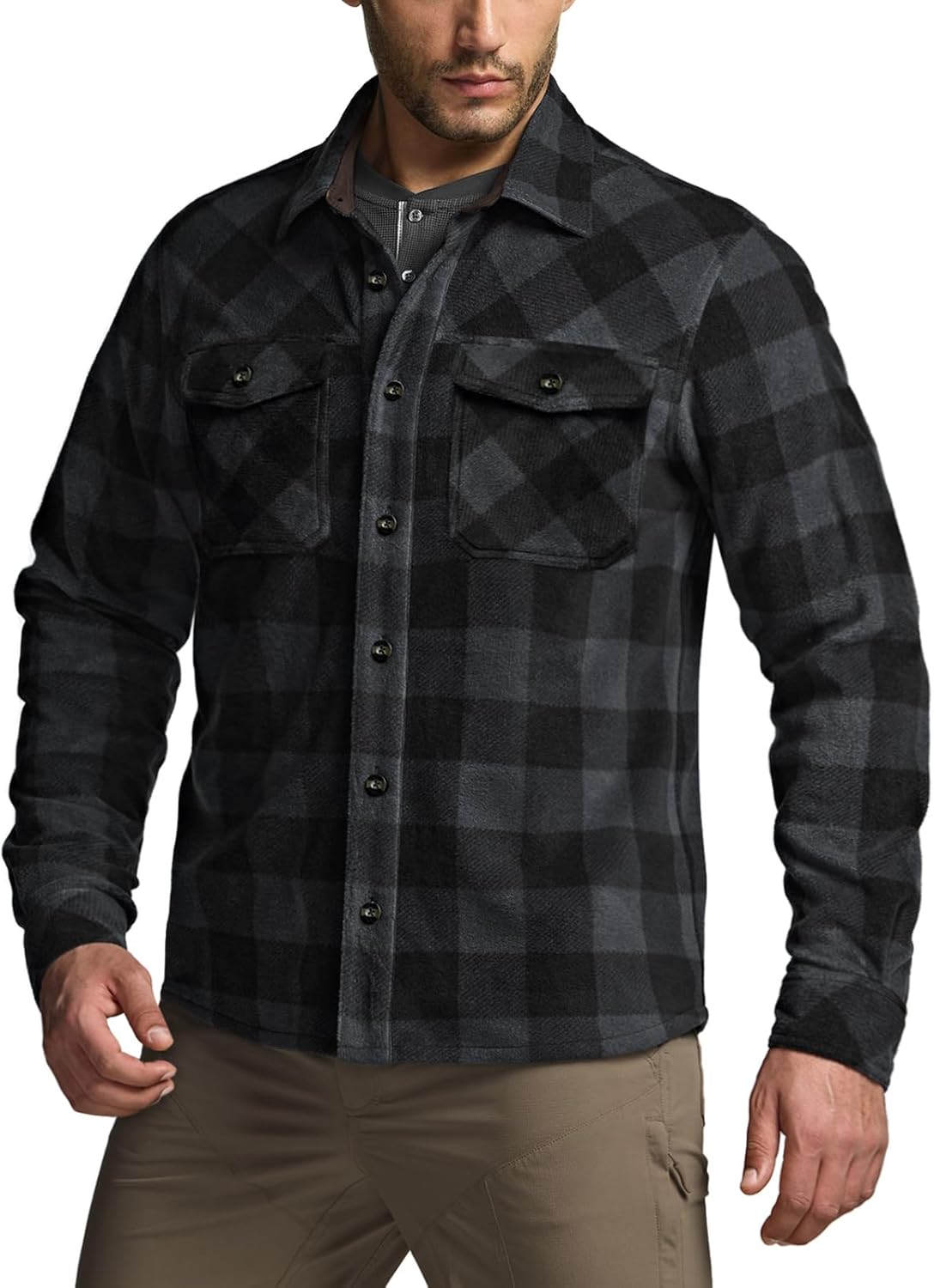 CQR Men's Long Sleeve Heavyweight Fleece Shirts, Plaid Button Up Shirt, Warm Outdoor Casual Shirt with Pockets - Image 2