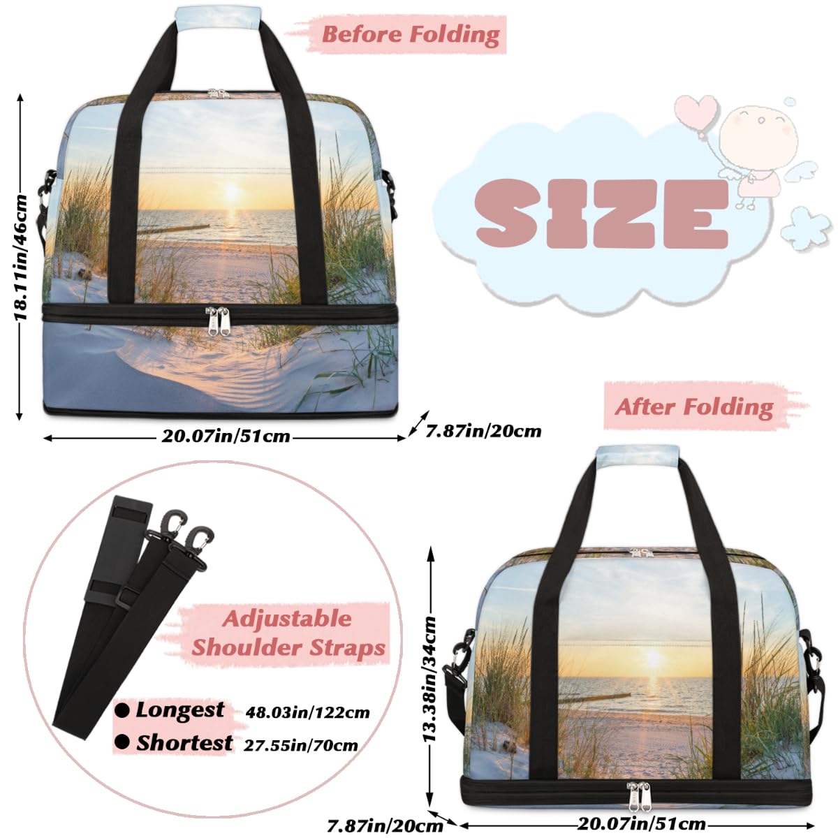 Bolsa de viaje plegable para playa de verano, bolsa de fin de semana de 47 litros con funda de carrito para el hombro, bolsa de hombro separada para deportes, gimnasio, viajes, multicolor, 47L, Bolsa