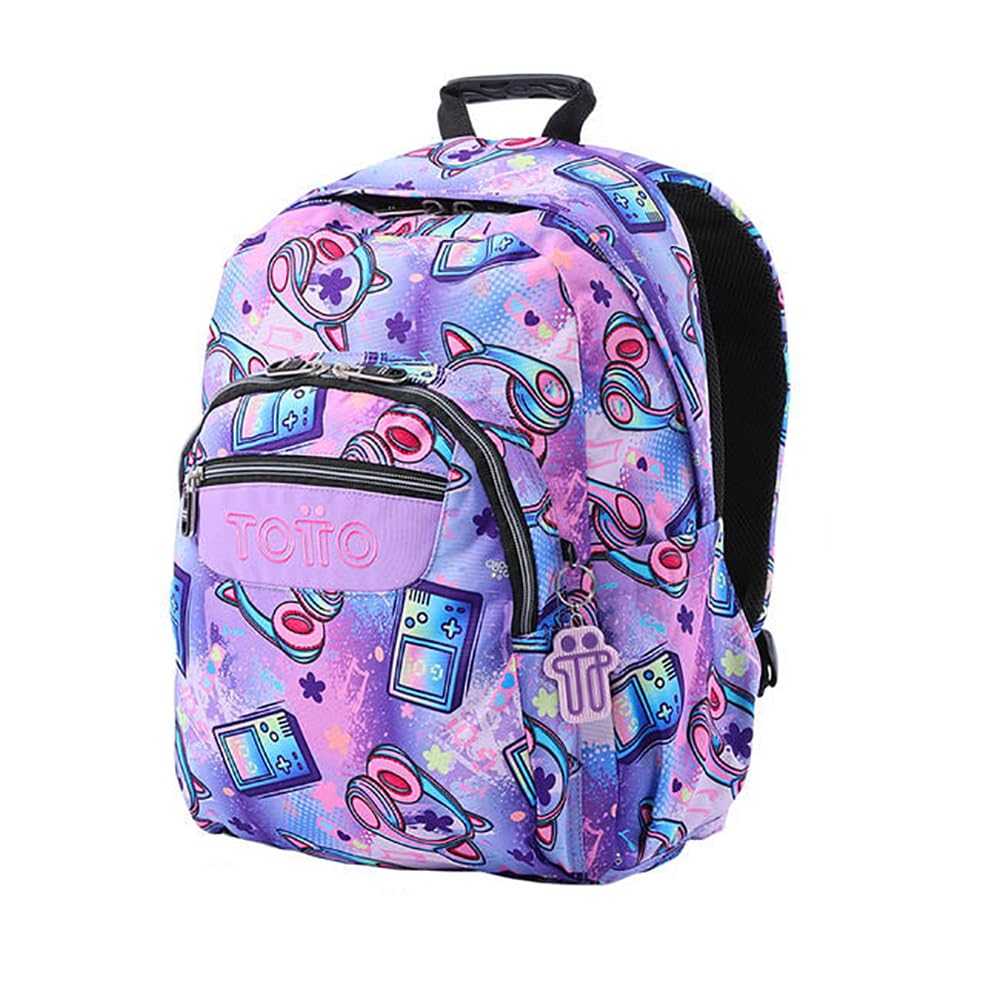 TOTTO Mochila Escolar Adaptable a Carro, Modelo Acuareles, Capacidad 20 L, Bolsillo para Pc 14", 2 Bolsillo Botella, Espaldar Ergonómico con Flujo de Aire, Cómodas Correas en S, Estampado Meowsical