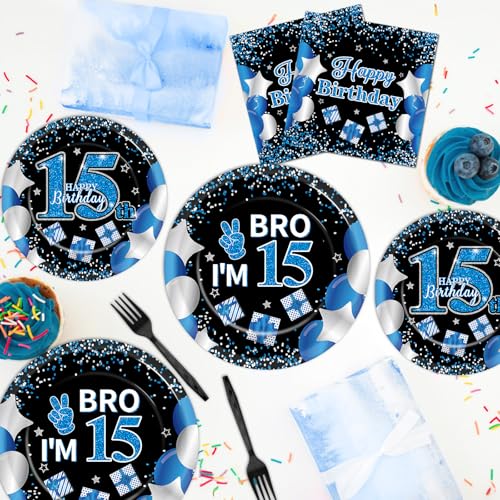 Image of 100 Pcs 15th Birthday Decorations for Teen Boys Blue and Black 15th Plate Napkin Forks Set Disposable Teen 15 Year Old Birthday Tableware Dinnerware for I'm 15 Bro Party Supplies Favors Serve 25