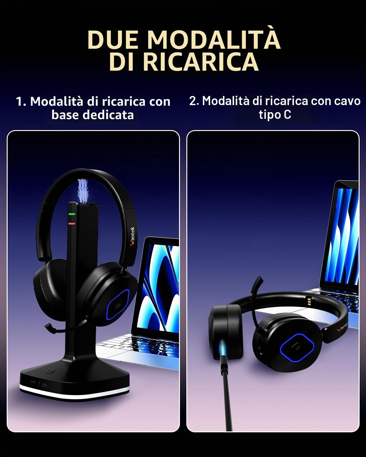 Wantek Cuffie wireless con microfono – 45+ Playtime Bluetooth o USB Dongle per PC, connessione multipunto a computer e cellulare, cuffie on-ear cablate o wireless per