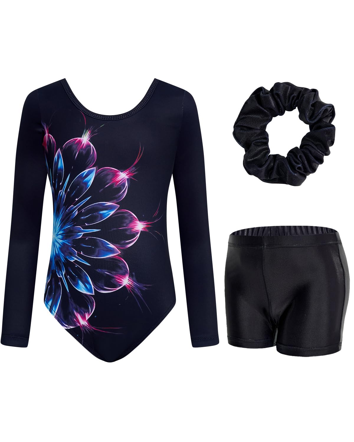 JiAmy Justaucorps de gymnastique pour filles de 3-12 ans avec dos croisé, manches longues et short, tenue de ballet scintillante