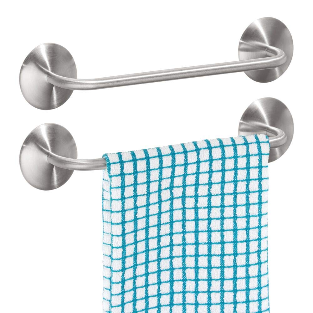 mDesign Kitchen Self-Adhesive Towel Bar Holder for Hand Towels, Dish Towels - Pack of 2, Brushed Stainless Steel