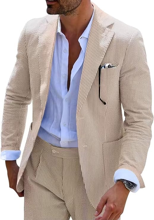Men 2 Pieces Seersucker Suit Casual 2 Button Slim Fit Striped Suits for Men Summer Wedding Prom&Vacation&Date