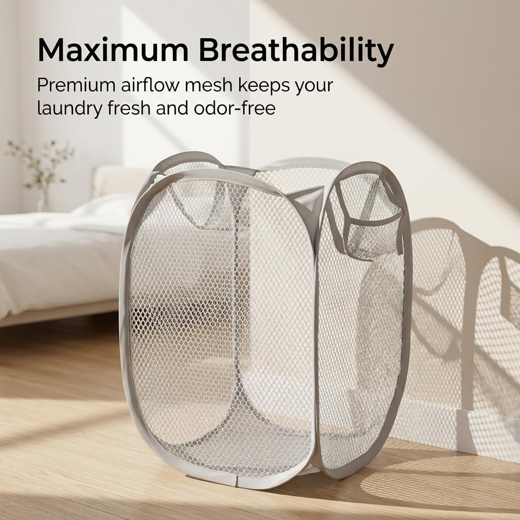 Foldable Laundry Hamper Portable Mesh Clothes Basket For Dirty Laundry Lightweight Collapsible Design Gray