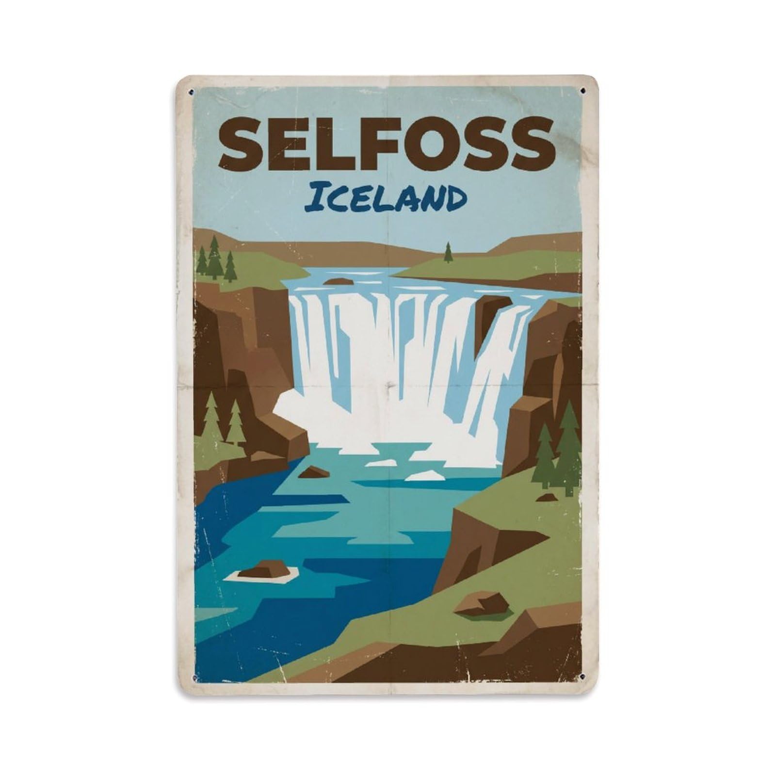 Vintage Travel Selfoss Iceland Waterfall Metal Tin Sign