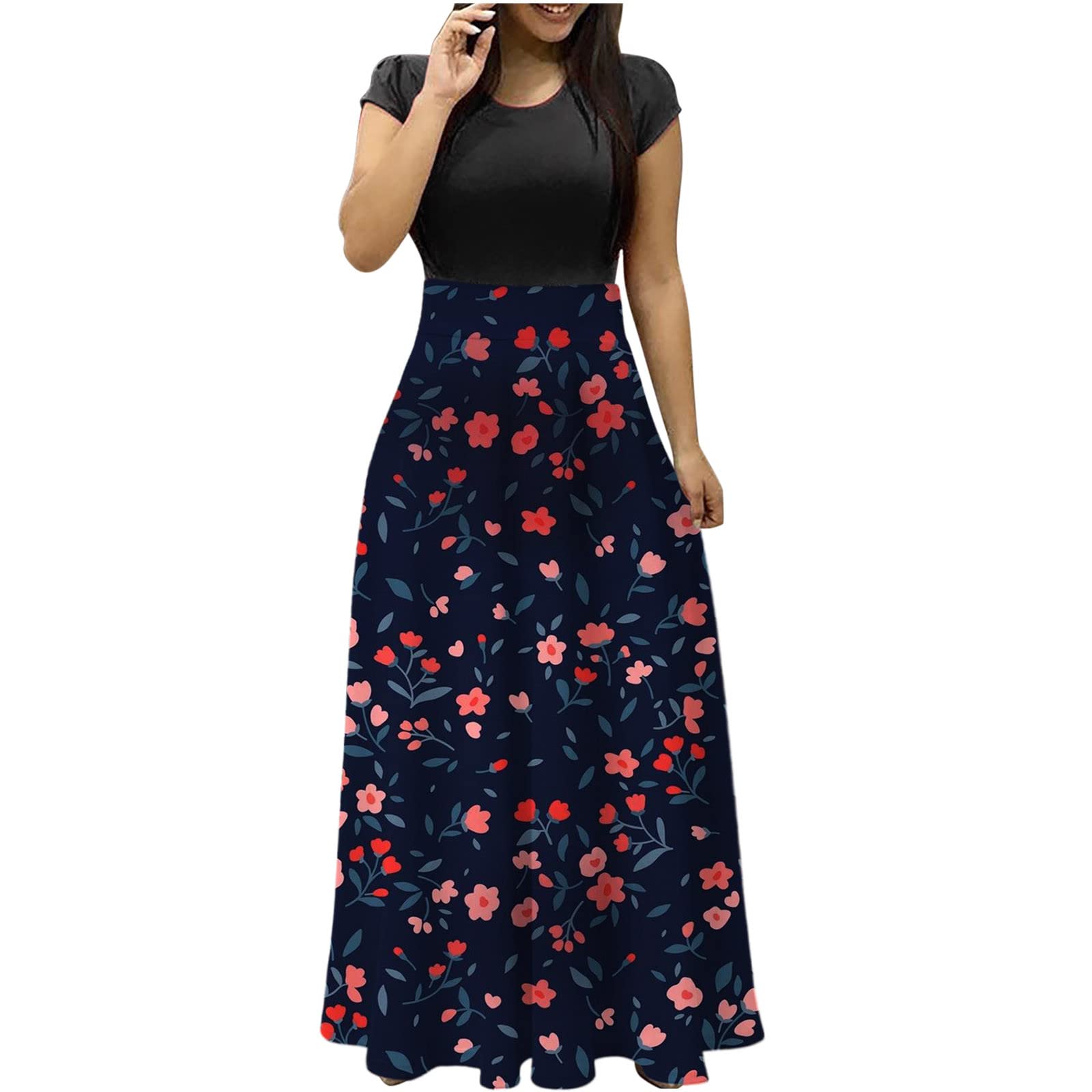 Summer Casual Dresses for Tall Women Solid Color Stitching Floral Hem Short Sleeve Maxi Dress Hide Belly Long Dress