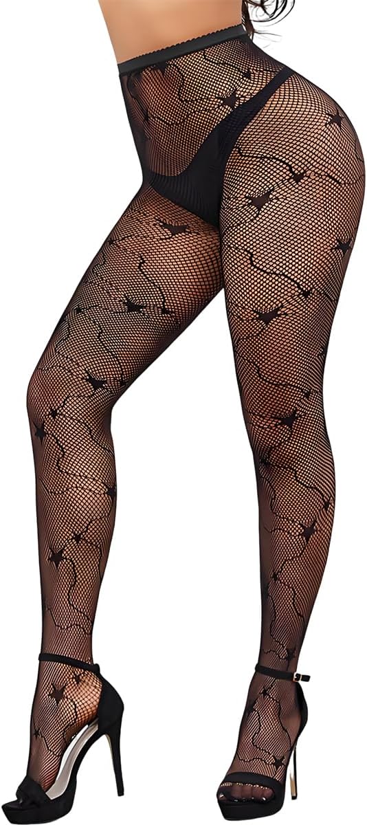 Women Star and Moon Fishnet Tights Stretchy Waistband High Elastic Stockings for Halloween Party Cosplay Costume