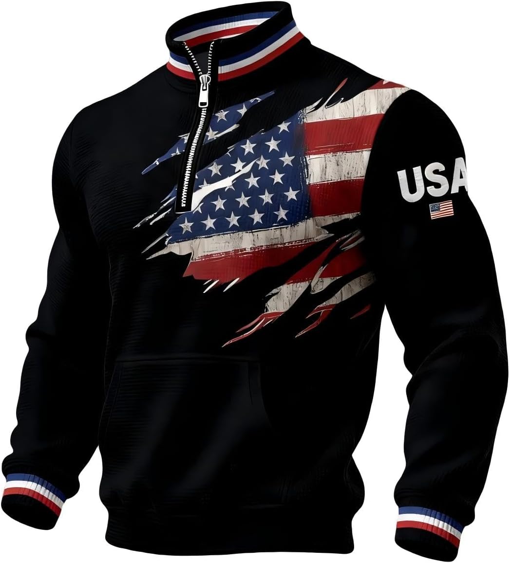 Men's Waffle Knit Quarter Zip-Up Sweatshirt - American Flag Print Patriotic Hoodie