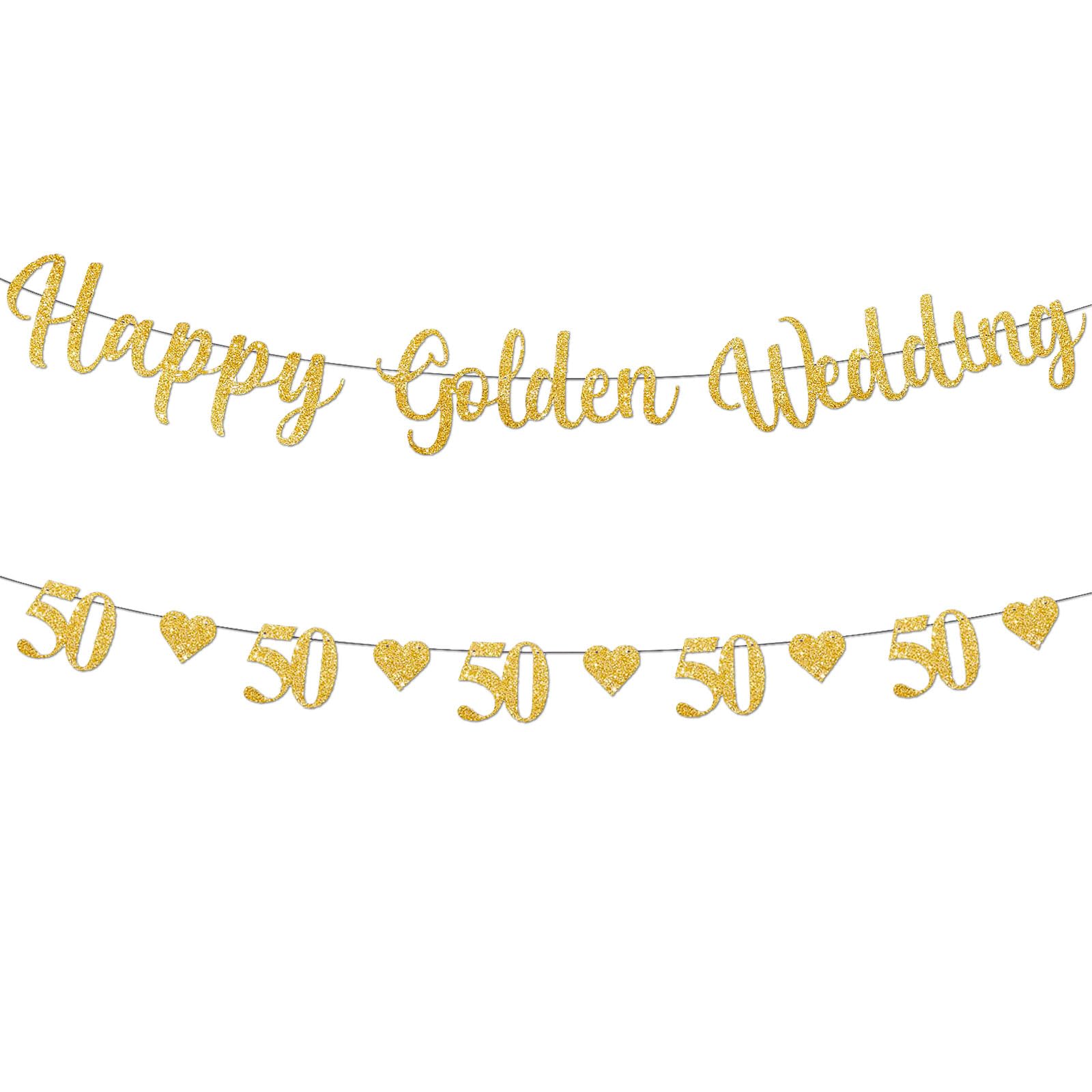 50th Golden Wedding Anniversary Decorations - Set of 2 Glitter Golden Anniversary Bunting Banners for Party