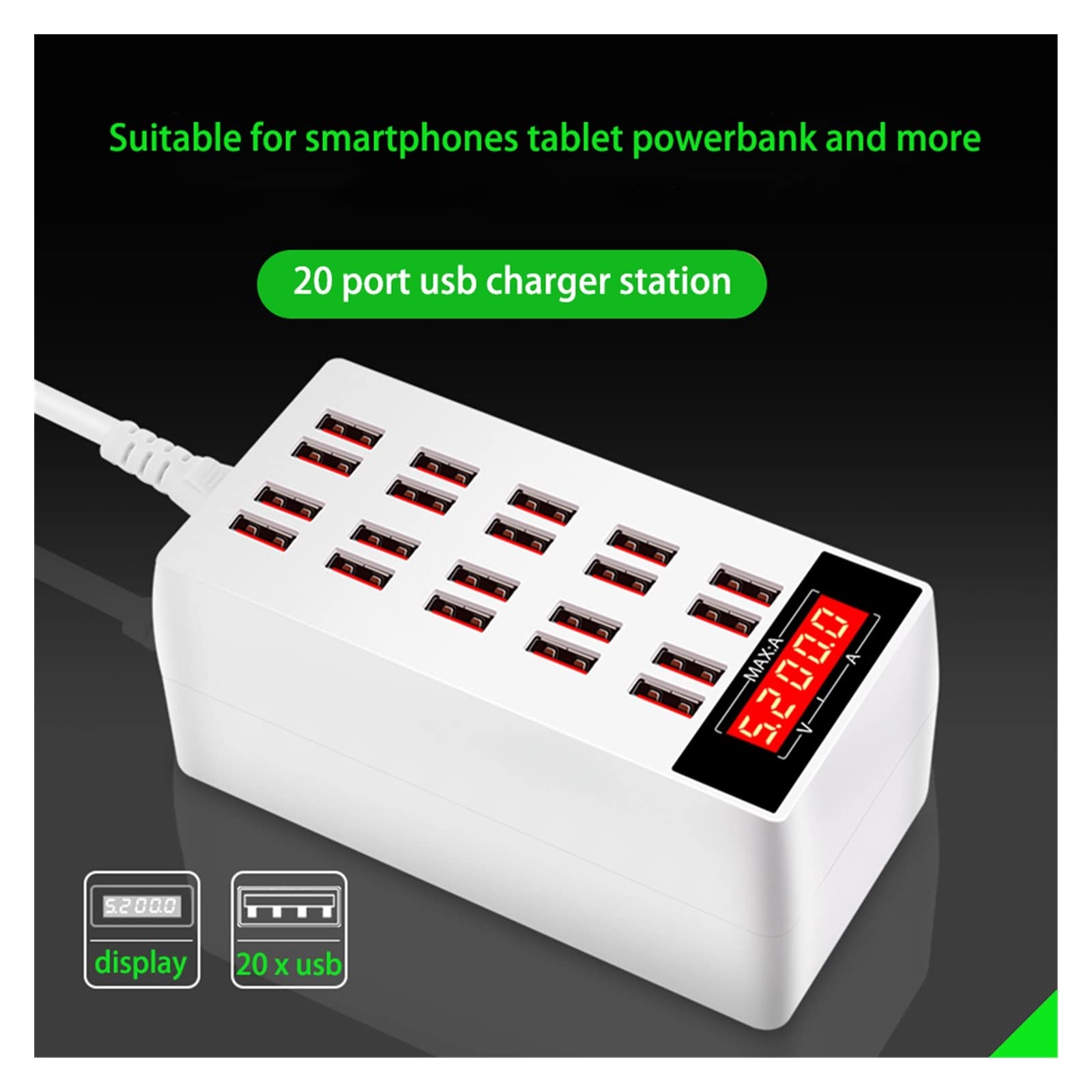 Ładowarka USB Stacja ładująca USB, stacja ładująca do wielu urządzeń Szybkie ładowanie z ekranem LCD Cyfrowy wyświetlacz do tabletów telefonicznych Smartfonów Przenośna konstrukcja(820)