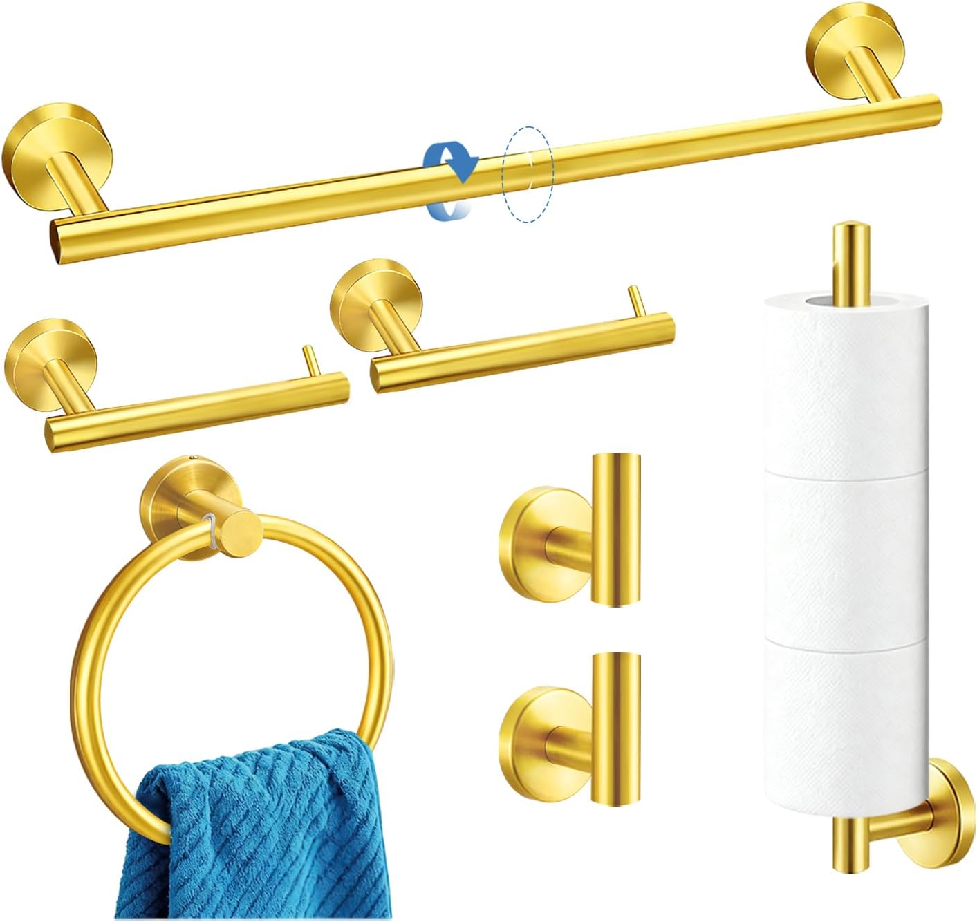 Upgraded & Thickened 7-Piece Brushed Gold Bathroom Hardware Set, 7-in-1 Towel Rack Kit, 23.6 Inch SUS304 Stainless Steel Towel Bar & Toilet Paper Holder, Modern Gold Bathroom Accessories (7 Pack)