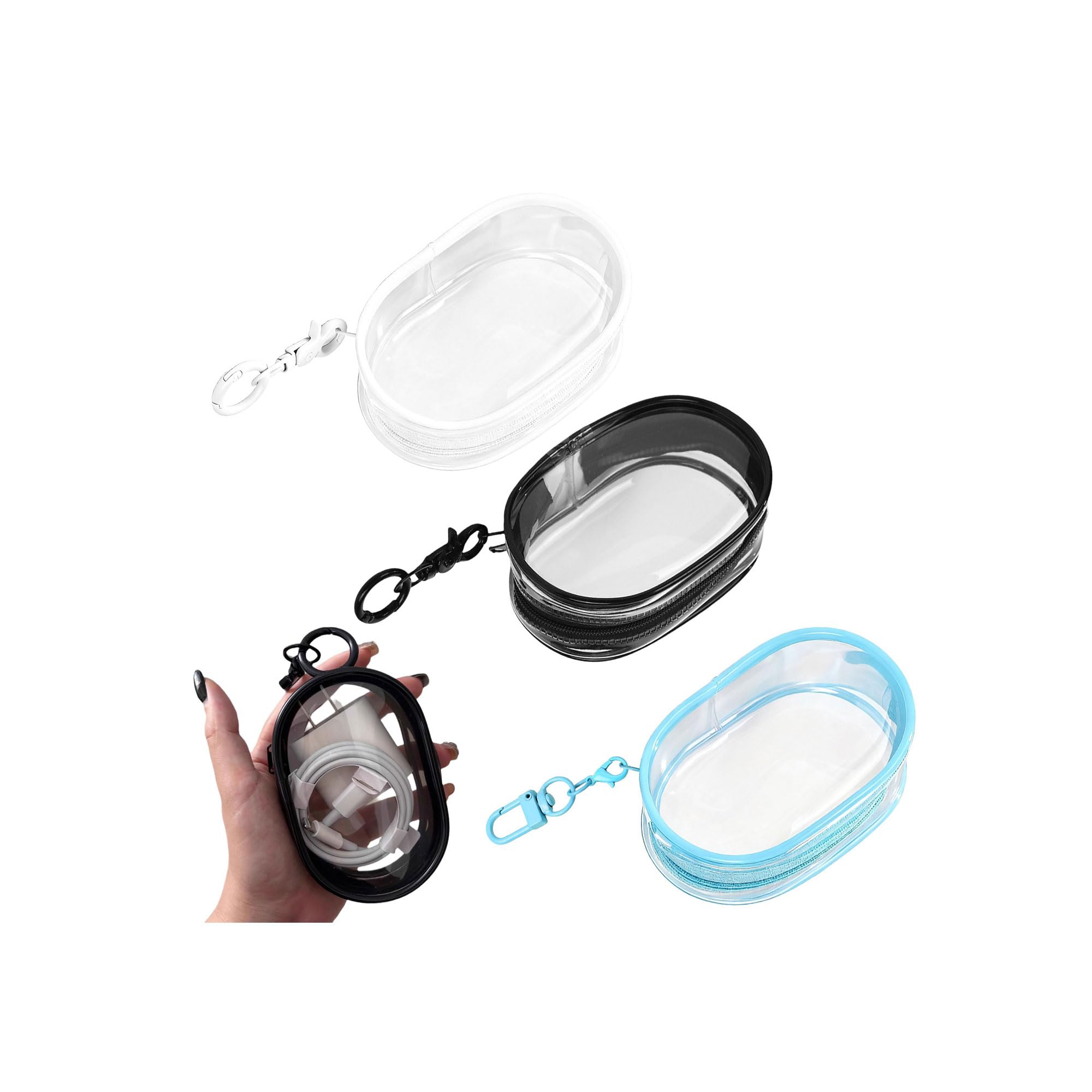 3Pcs Clear Pouches with Keychain Mini Makeup Bag Clear Makeup Bag Waterproof Key Pouch Cle ar Travel Toiletries Bag Small Makeup Pouch for Women Lipstick Card Cable(Black,White,Blue)