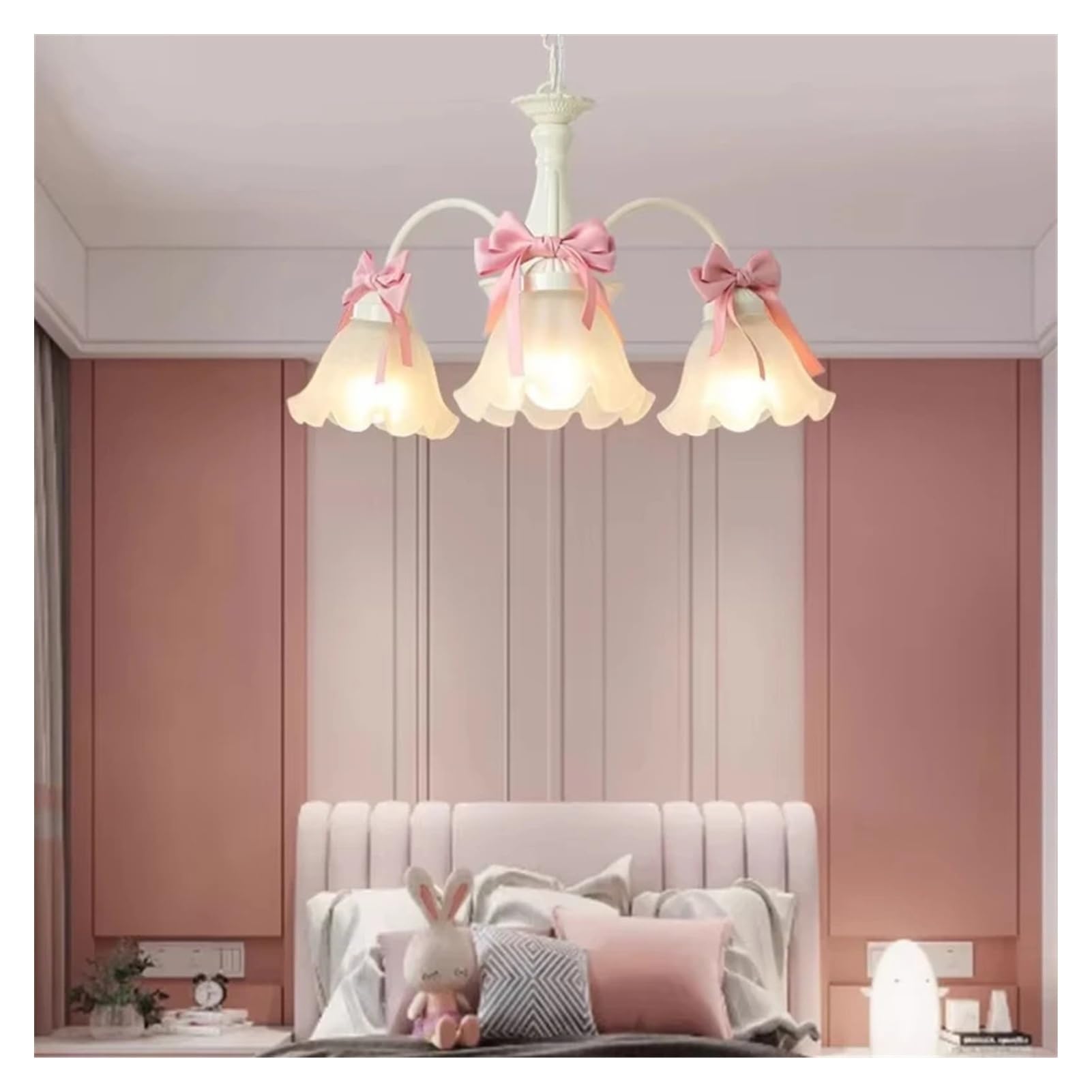 Chandelier, Sweet Princess Room Chandeliers Pink Bow Glass Lamps Modern Romantic Warm Children's Living Girl Bedroom Decor Chandelier(A 3 Light,RC)