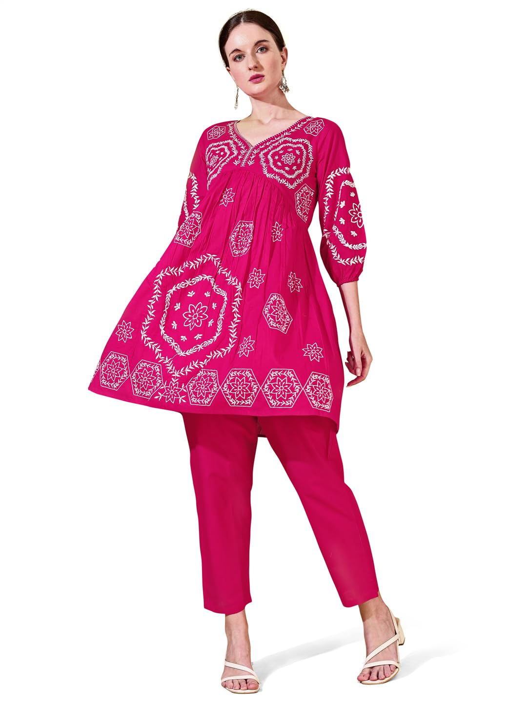 Womanista Women's Pure Cotton Solid Regular Embroidered Co-Ord Set 9136_Fuchsia