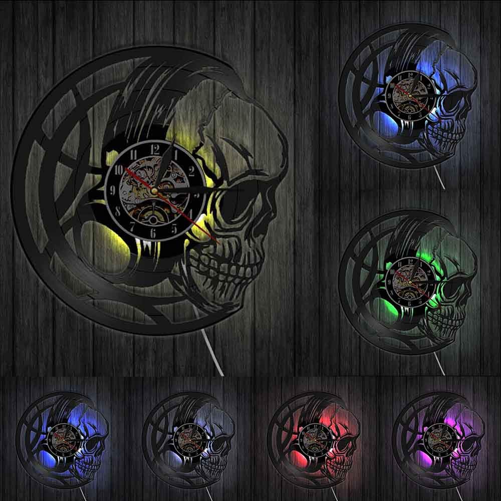 Evil Skull Headphones Vinyl Record Wall Clock Black Skull Head Clock Watch Vanitas Dark Art Decor Quartz Wall Clock Gift for Men LED lights