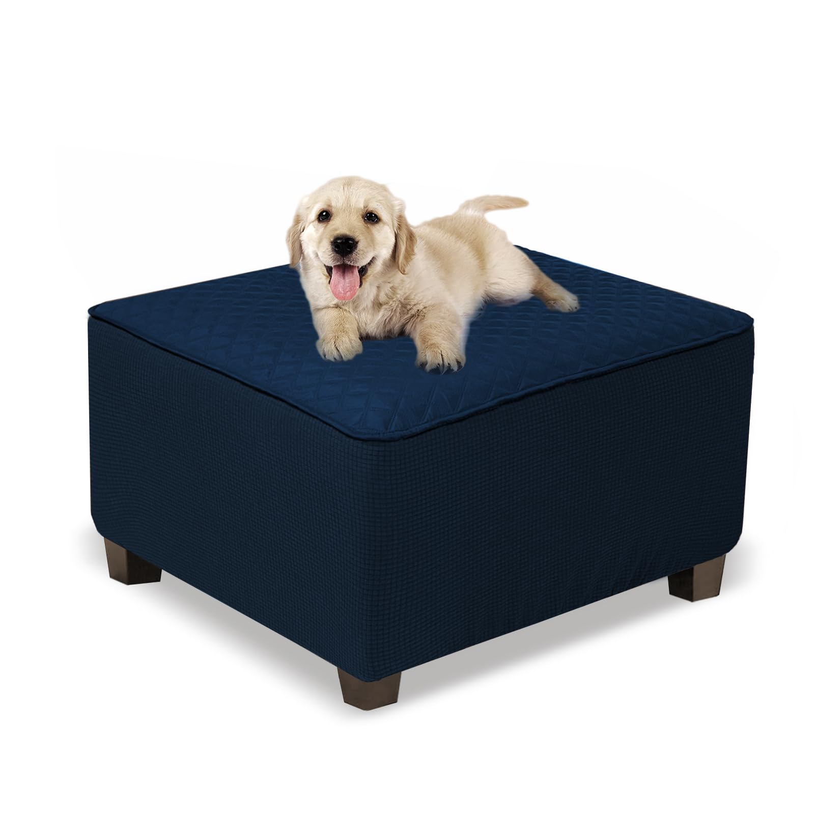 NeColorLife Ottoman Cover Square Waterproof Ottoman Slipcover Thick Storage Footrest Stool Covers Furniture Protector for Pets(Medium Size,Navy Blue)
