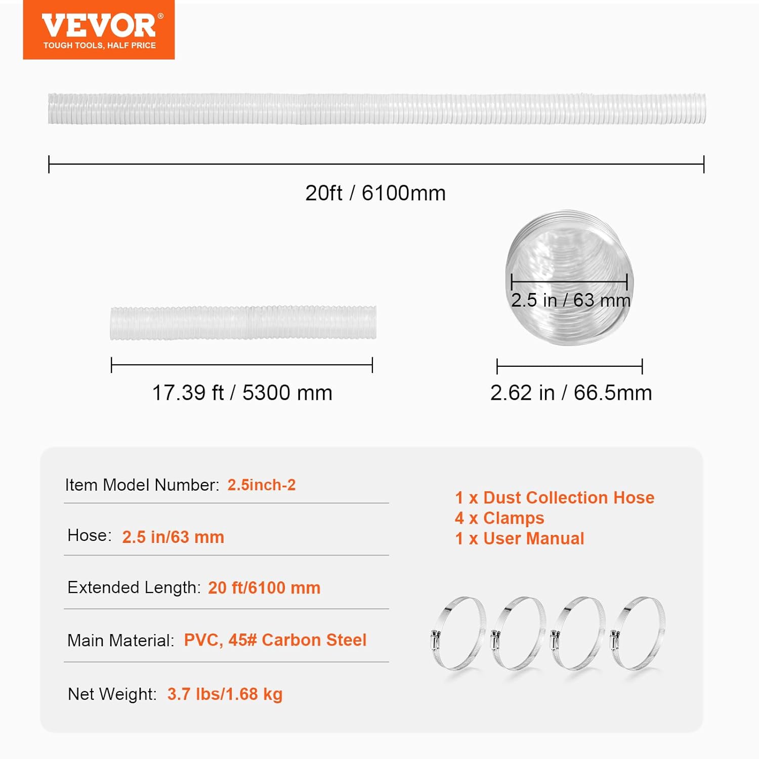 VEVOR Dust Collection Hose, 2.5'' x 20', Thickened PVC Material Puncture-Resistant Flexible Clear Hose with Carbon Steel Wire Coil 4 x 304 Stainless Clamps, for Table Saw, Band Saw, Planer, Jointer