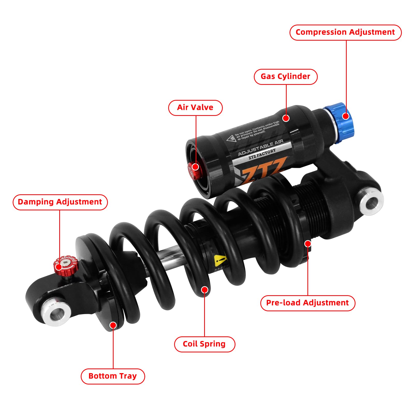 Amortisseur VTT pneumatique réglable, 190‑265 mm, 550 LBS. Rebond, Compression, précharge, Hauteur et Pression d’air (200‑300 PSI) réglables. pour VTT, Descente et VAE (240MM550LBS)