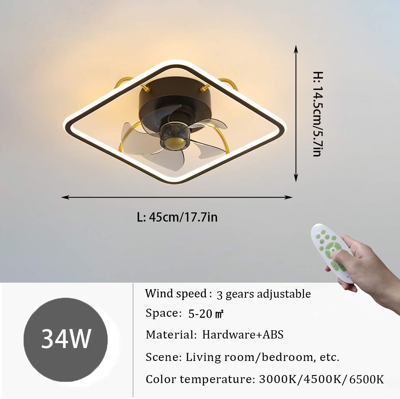 YUEGOO Bedroom Ceiling Fan with Led Light and Remote Control 3 Speeds with Timer Dimmable Fan Ceiling Light 45Cm Modern Living Room Quiet Ceiling Fan Light